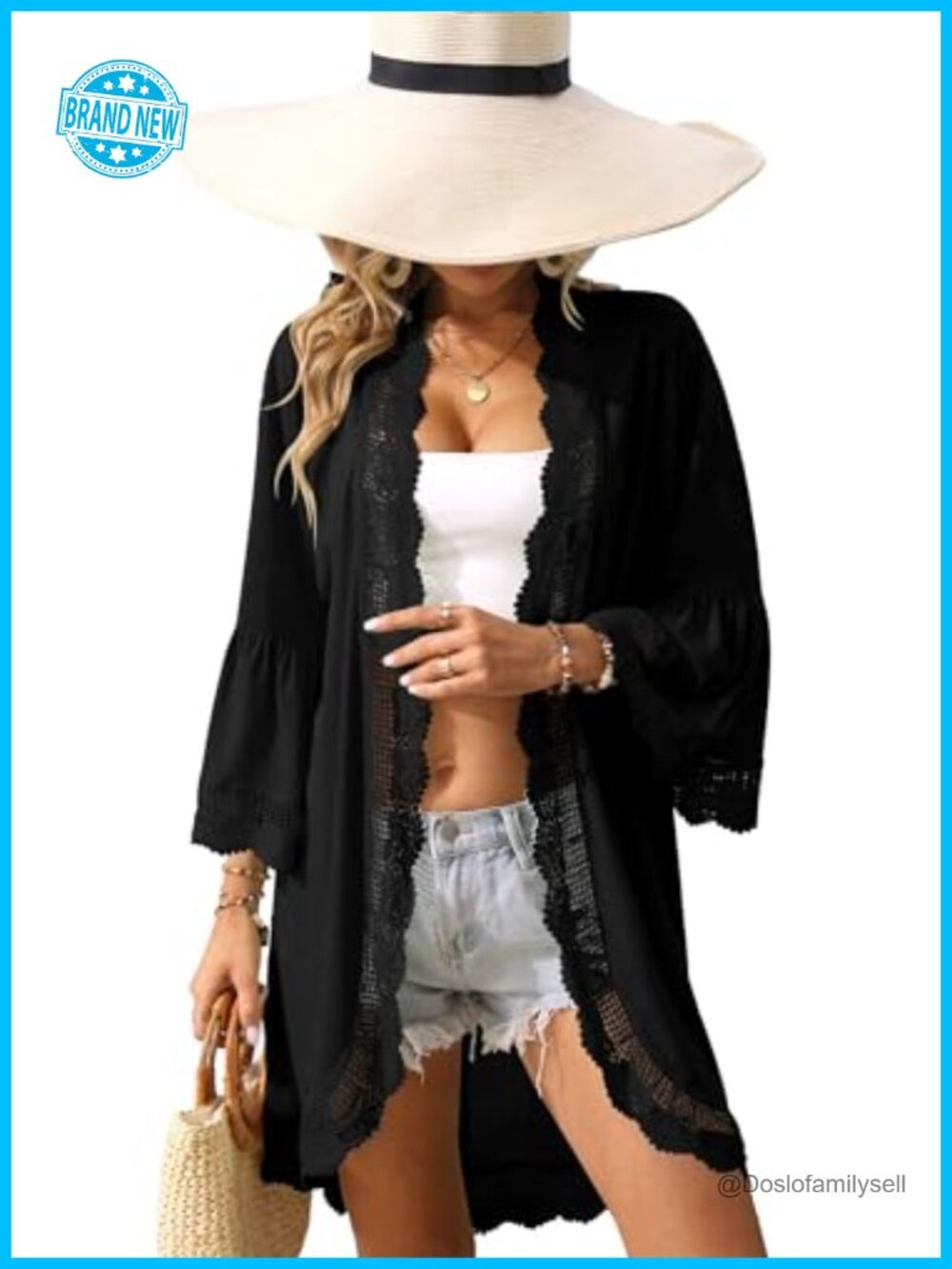 Women's 3/4 Ruffle Sleeve Open Front Cardigan Lace Kimono Cover Up